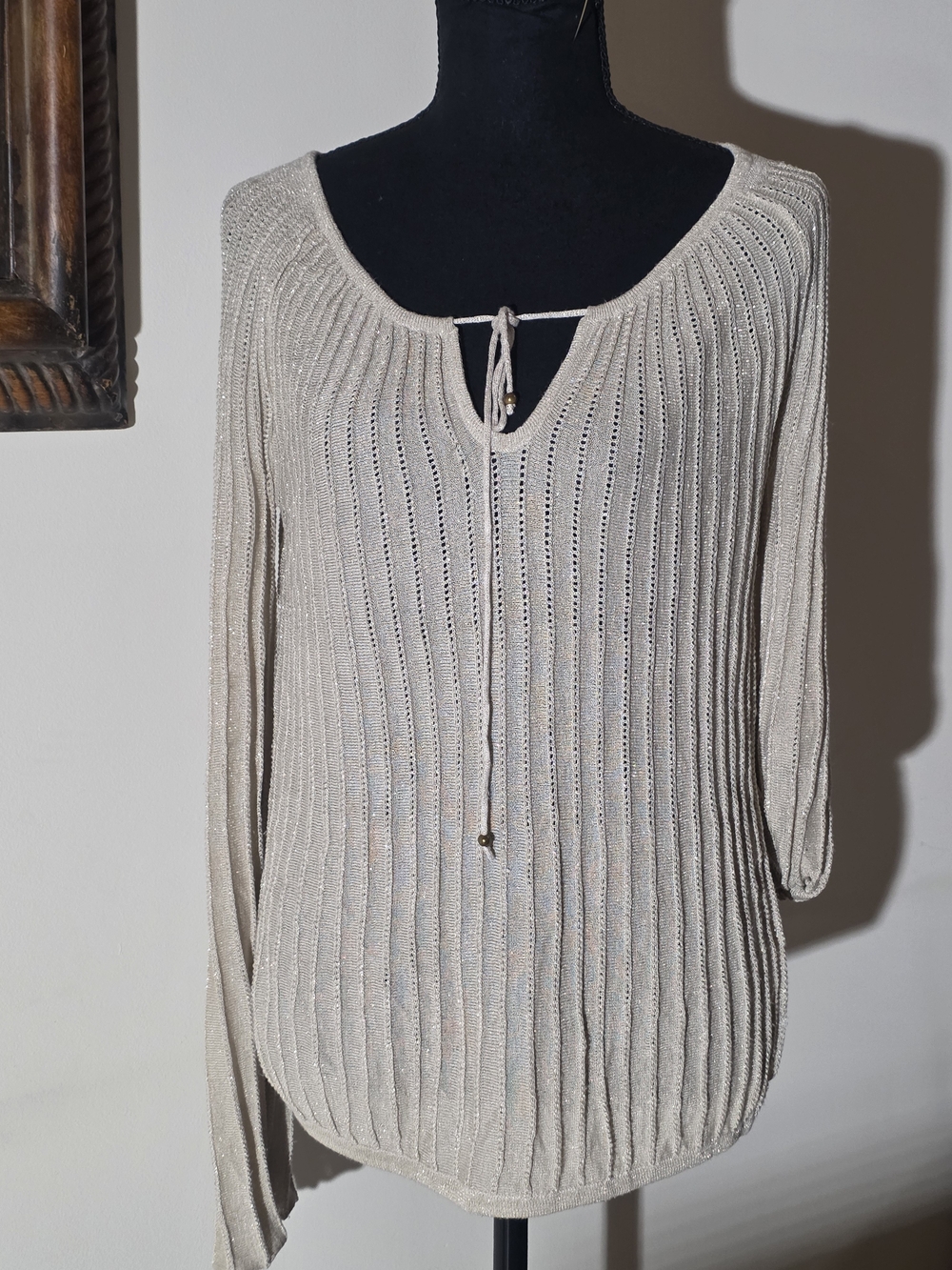 Intrigue - Light Beige Ribbed Tie-Neck Women's Sweater (Size M)